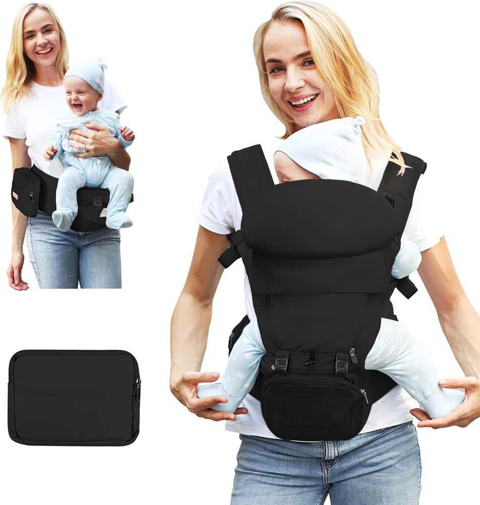 Curvear Baby Carrier Newborn to Toddler, Safety-Certified Baby Carrier with Hip Seat, Ergonomic 6-in-1 Baby Carrier with Head Support, Adjustable & Removable Baby Holder for All Seasons, Black.
