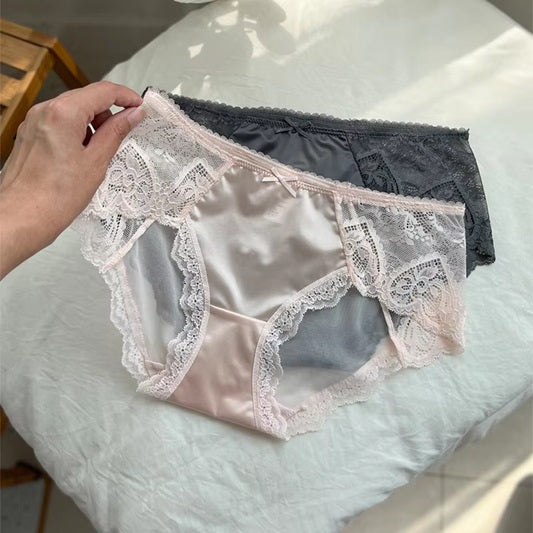 Curvear Plus Size Satin Panties for Women Sexy lace Satin Transparent Mesh Underwear No Trace Briefs Large Sizes Mom Underwear. 3 set