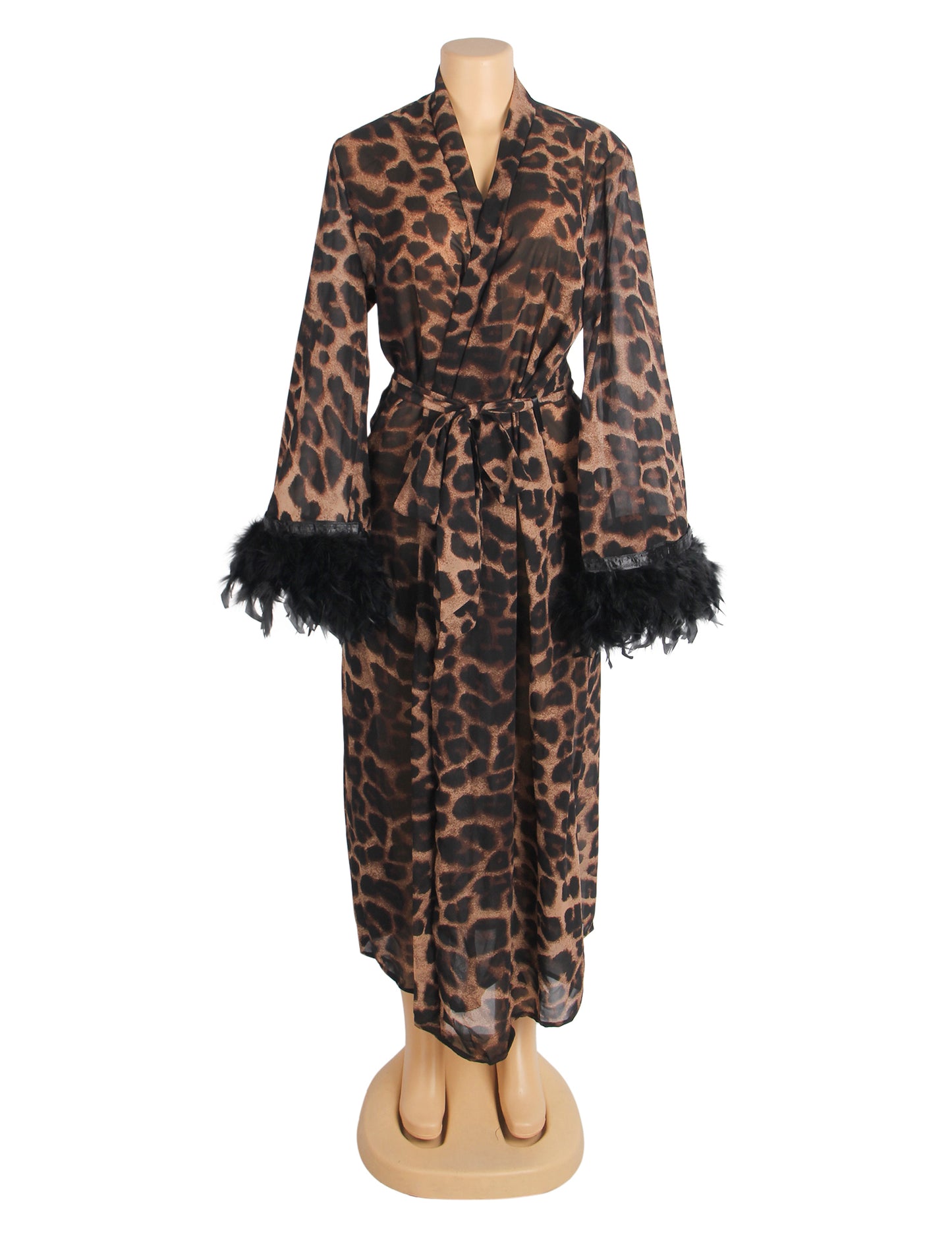 Women's Sexy Leopard Print Sheer Robe with Feather Trim – Long Mesh Lingerie Kimono Gown – Belted See Through Nightwear for Sleepwear, Boudoir, Bridal & Loungewear