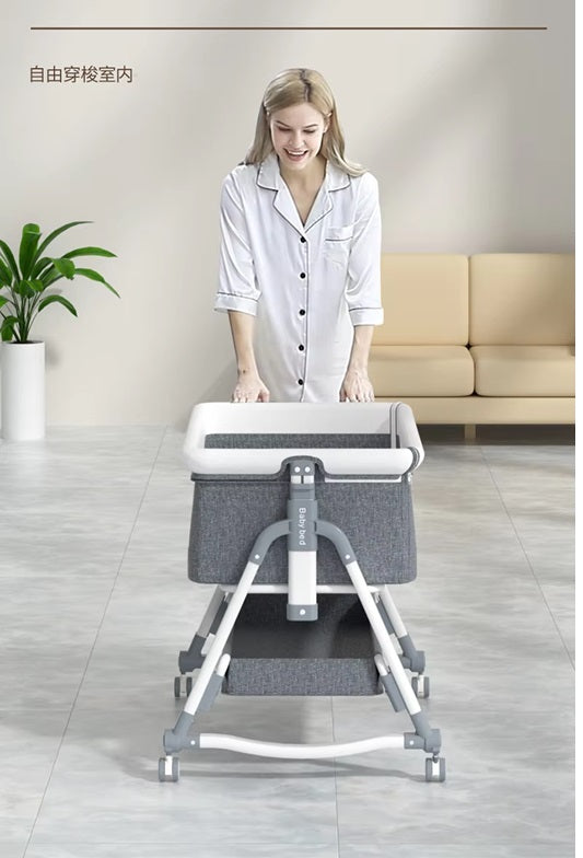 Curvear Portable Movable Crib Can Be Folded High and Low Adjustable Splicing Bed Modern Simple Baby Cradle Bed.