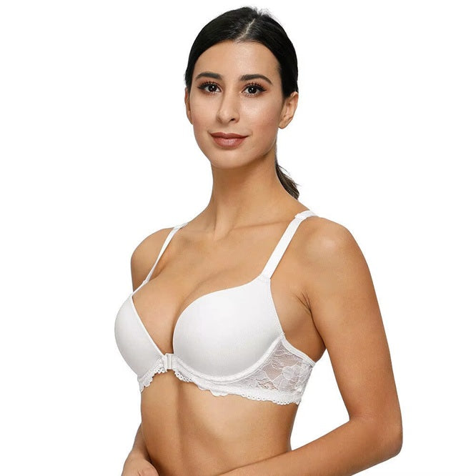 Curvear Push Up Women Bra Front Closure Lace Back Underwire Lingerie Solid Plunge Y-line Straps Adjusted Underwear.