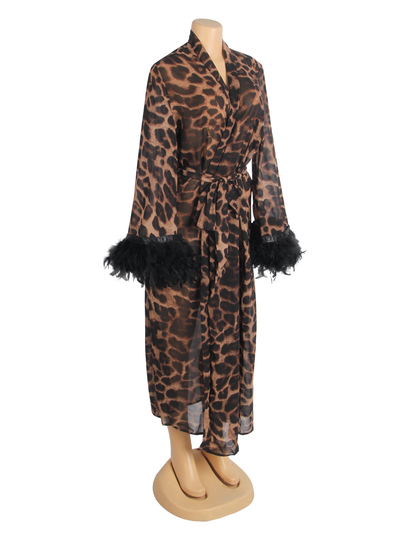 Women's Sexy Leopard Print Sheer Robe with Feather Trim – Long Mesh Lingerie Kimono Gown – Belted See Through Nightwear for Sleepwear, Boudoir, Bridal & Loungewear