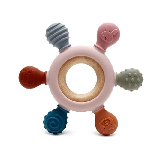 Curvear silicone teether wood ring teething toys free Baby Chewable Toys wooden baby teether teething for Kids 0-6 months.
