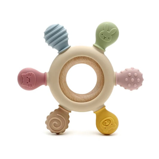 Curvear silicone teether wood ring teething toys free Baby Chewable Toys wooden baby teether teething for Kids 0-6 months.
