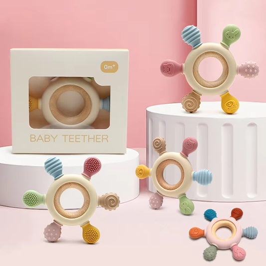 Curvear silicone teether wood ring teething toys free Baby Chewable Toys wooden baby teether teething for Kids 0-6 months.