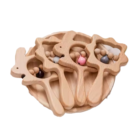 Curvear Baby Products Natural Beech Wood Rattle Baby Teething Montessori Animal Rattle Toy.
