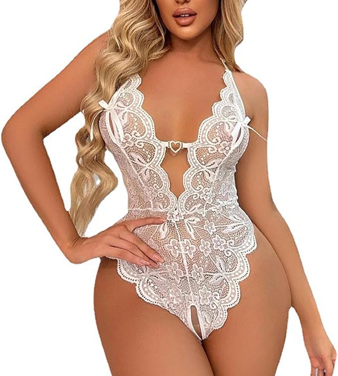Curvear®️Women One Piece Lingerie Deep V Teddy Sexy Lace Bodysuit Snap Crotch Baby doll Lingerie for Women Naughty Outfits