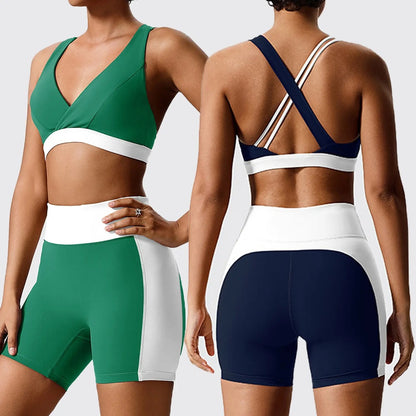 Women's Colorblock Sports Bra & High-Waist Biker Shorts Set – Crossback Activewear for Gym, Yoga, Running & Fitness