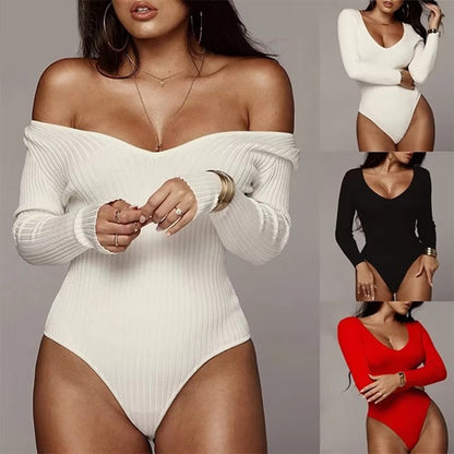 Women's Red Ribbed Long Sleeve Bodysuit – Sexy Stretch Knit V-Neck One-Piece, Slim Fit, Soft & Comfortable Fabric – Ideal for Club, Casual, Party, or Layering Outfits