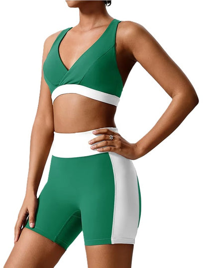 Women's Colorblock Sports Bra & High-Waist Biker Shorts Set – Crossback Activewear for Gym, Yoga, Running & Fitness