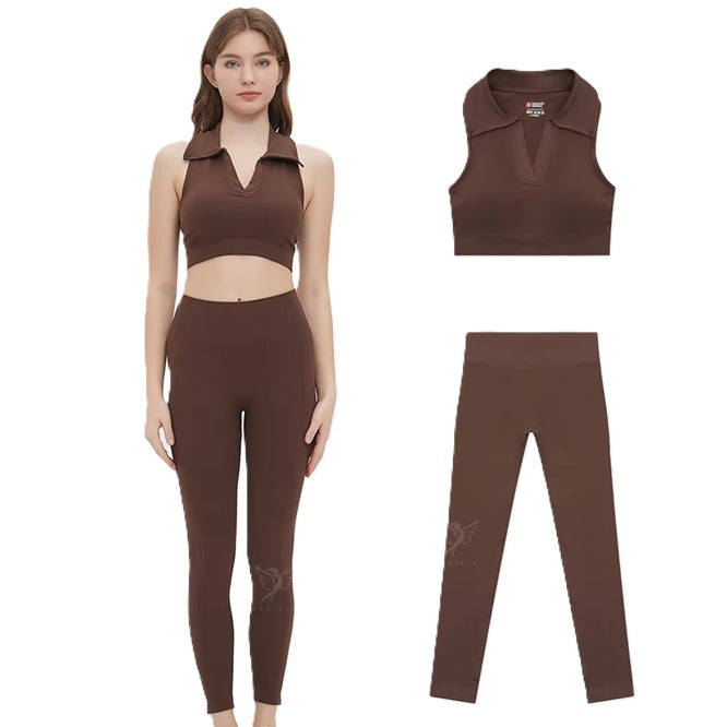 Brown Workout Set for Women – Sleeveless Zipper Crop Top with High Waist Leggings | Seamless Activewear for Gym, Yoga & Running
