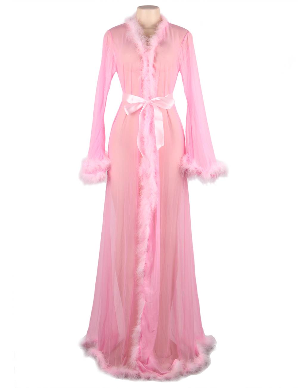 Women's Sexy Sheer Lingerie Robe with Satin Belt & Feather Trim – Long Transparent Nightwear Gown for Honeymoon, Bridal, Boudoir & Romantic Nights – Black Mesh Sleepwear - CURVEAR