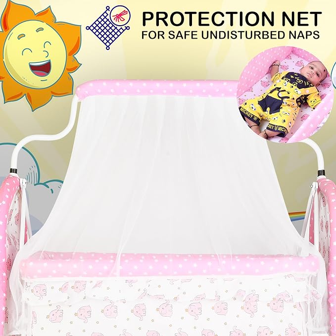Portable Baby Cradle with Mosquito Net, Storage Basket & Wheels – Soft Cotton Fabric, Foldable Infant Sleeping Bed for Newborns, Breathable & Lightweight Baby Bassinet – Pink Elephant Design