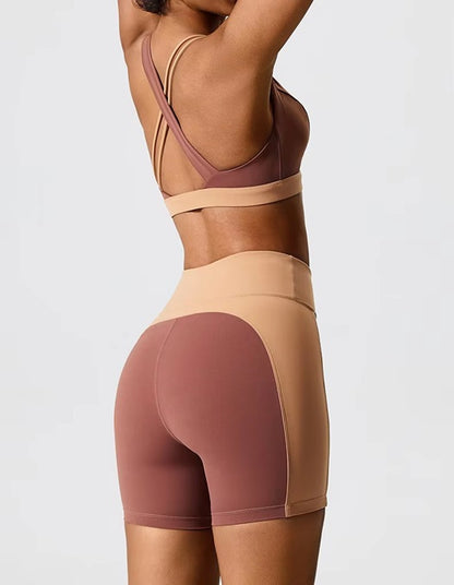 Women's Colorblock Sports Bra & High-Waist Biker Shorts Set – Crossback Activewear for Gym, Yoga, Running & Fitness
