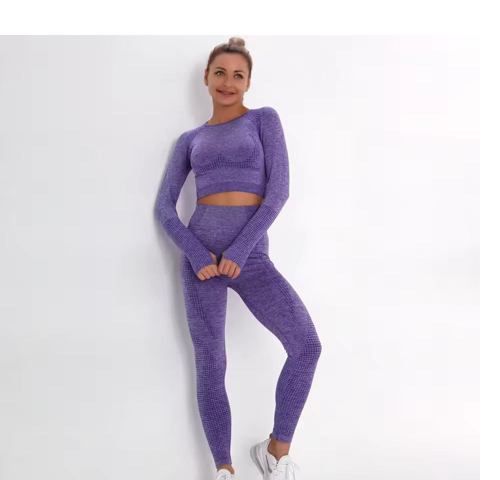 Curvear ®️Women Seamless Gym Set Long Sleeve Crop Top High Waist Tummy Control Sports Leggings Seamless Gym Clothing Sexy Girls Sports Suit