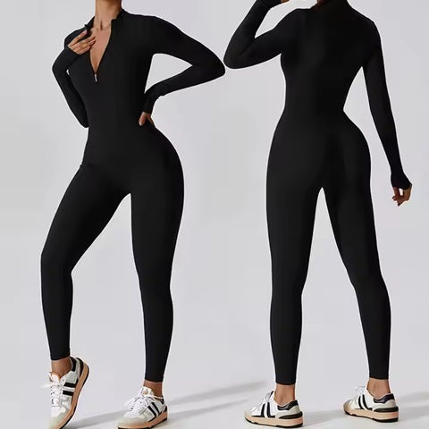 Curvear®️Women Workout Yoga Jumpsuit Zip Up Romper Bottom Pants Long Sleeve Bodysuit Bodycon One Piece Jumpsuits