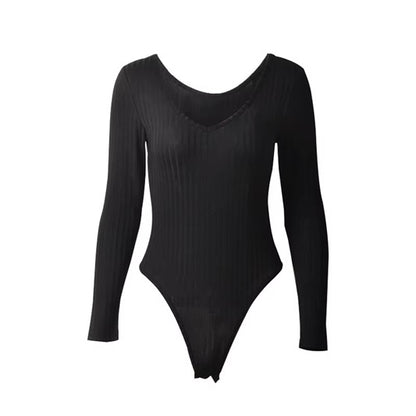 Women's Red Ribbed Long Sleeve Bodysuit – Sexy Stretch Knit V-Neck One-Piece, Slim Fit, Soft & Comfortable Fabric – Ideal for Club, Casual, Party, or Layering Outfits