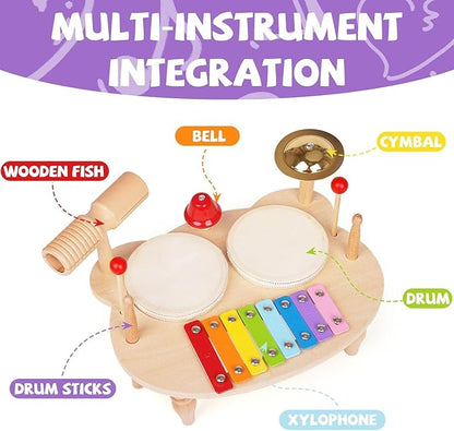 Wooden Musical Instrument Set for Toddlers – Kids Drum Set with Xylophone, Cymbal, Bell & Sticks – Montessori Music Toy for Boys & Girls – Safe & Educational