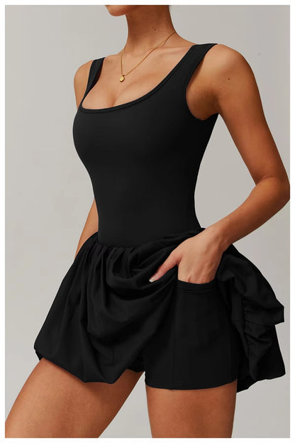 Women's Black One-Piece Activewear Dress with Built-in Shorts – Lightweight, Stretchable, Quick-Dry Tennis & Workout Dress with Pocket – Sleeveless Gym & Yoga Outfit