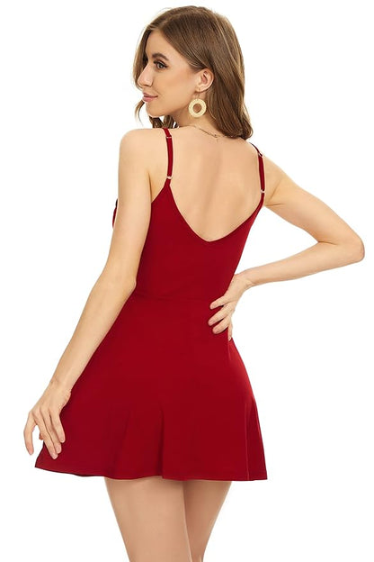 Women's One-Piece Swimsuit Dress – V Neck Tummy Control Swimwear with Adjustable Straps, Flowy Skirt Bathing Suit, Slimming Monokini for Beach & Pool