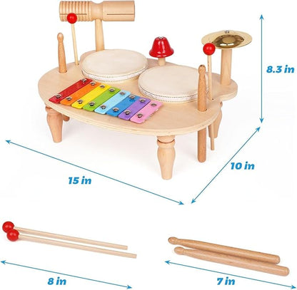 Wooden Musical Instrument Set for Toddlers – Kids Drum Set with Xylophone, Cymbal, Bell & Sticks – Montessori Music Toy for Boys & Girls – Safe & Educational