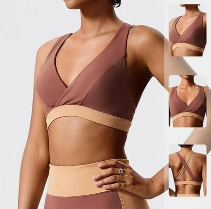 Women's Colorblock Sports Bra & High-Waist Biker Shorts Set – Crossback Activewear for Gym, Yoga, Running & Fitness