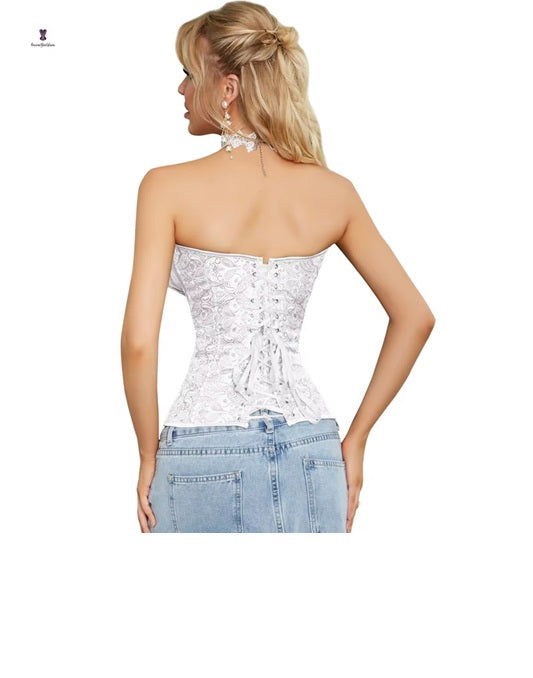 Satin Lace Corset Top for Women – Strapless Bustier Blouse with Ruffle Detail | Elegant Party & Evening Wear