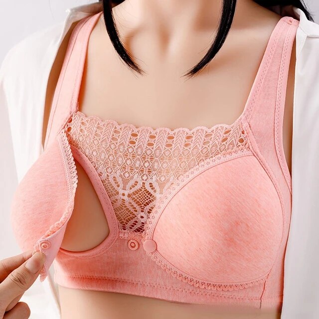 Curvear®️Women's Breastfeeding Nursing Bras, Seamless Ultra Comfort Maternity Non Padded Feeding Lace No Steel Ring Bra, Front Button Closure, Pregnancy Sleep Cotton Bralette