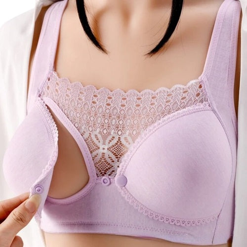 Curvear®️Women's Breastfeeding Nursing Bras, Seamless Ultra Comfort Maternity Non Padded Feeding Lace No Steel Ring Bra, Front Button Closure, Pregnancy Sleep Cotton Bralette
