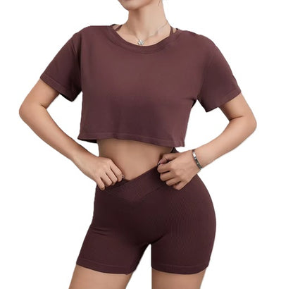 Women' Multicolor Short Sleeve Cropped Workout Top – Breathable Activewear T-Shirt