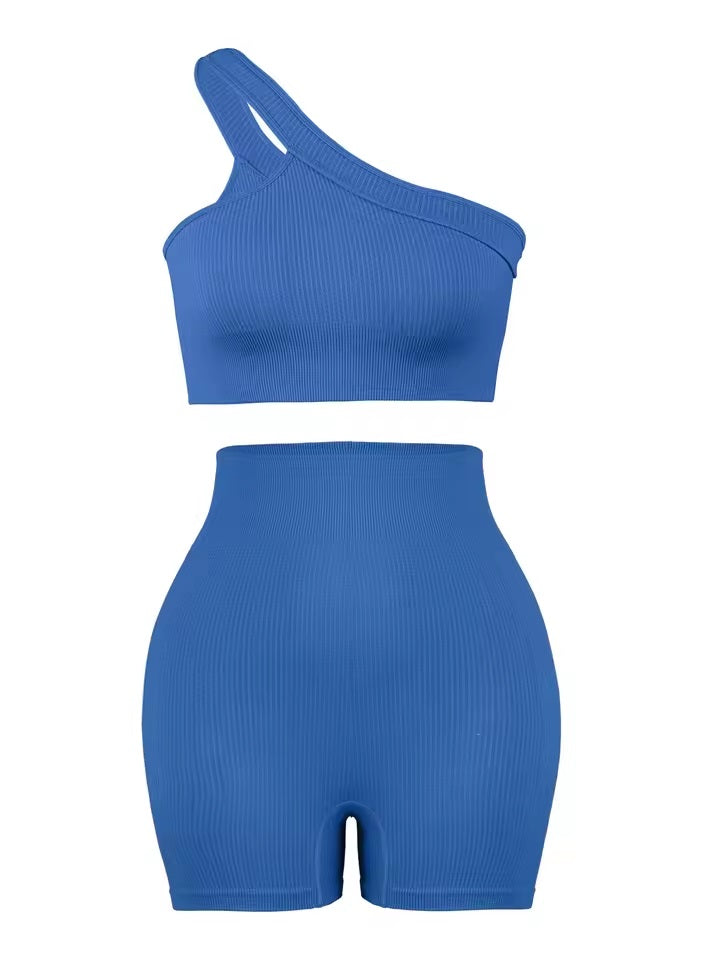 Curvear Women's Sexy 2 Pcs Yoga Set One Shoulder Sports Bra with Ribbed Shorts Leggings