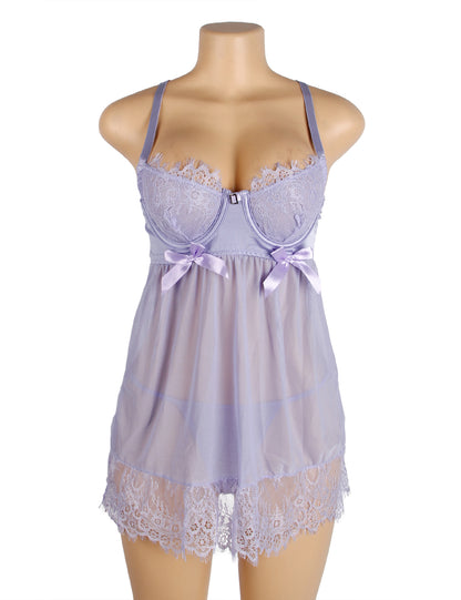Women's Sexy Black Lace Baby doll Lingerie Set – Sheer Mesh See-Through Nightwear with Thong Panty – Elegant Lace Sleepwear for Bridal, Honeymoon, Valentine’s, or Boudoir Look