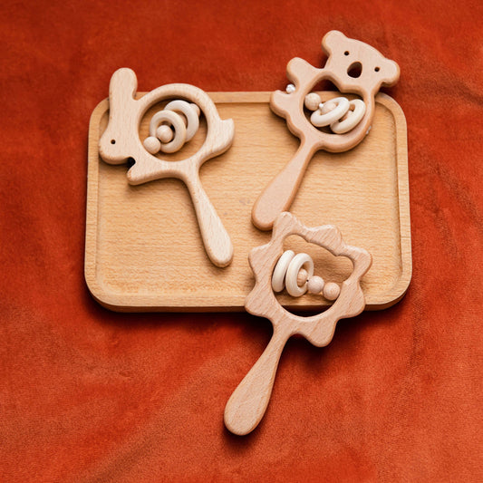 Curvear Baby Products Natural Beech Wood Rattle Baby Teething Montessori Animal Rattle Toy.
