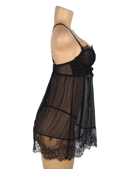 Women's Sexy Black Lace Baby doll Lingerie Set – Sheer Mesh See-Through Nightwear with Thong Panty – Elegant Lace Sleepwear for Bridal, Honeymoon, Valentine’s, or Boudoir Look