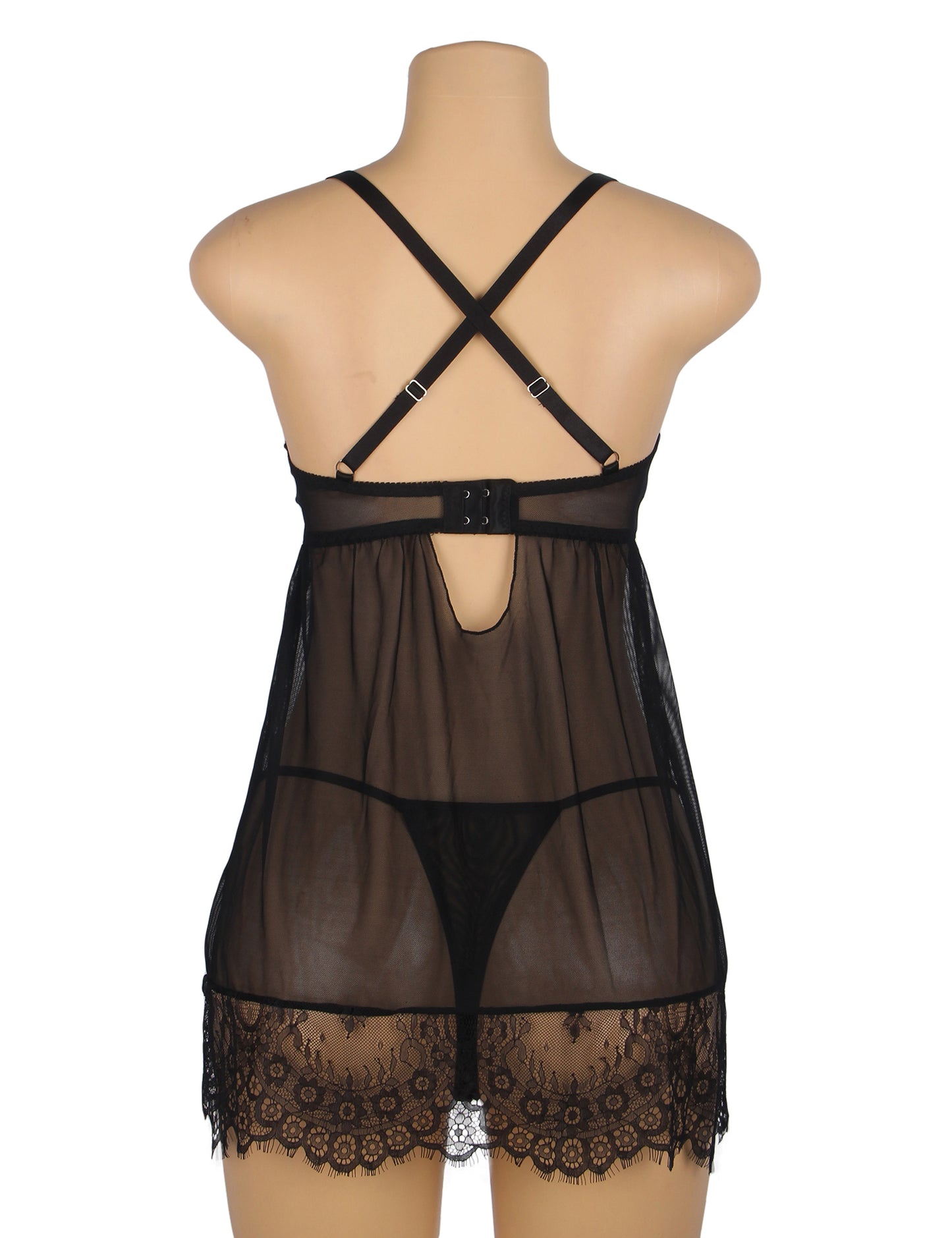 Women's Sexy Black Lace Baby doll Lingerie Set – Sheer Mesh See-Through Nightwear with Thong Panty – Elegant Lace Sleepwear for Bridal, Honeymoon, Valentine’s, or Boudoir Look