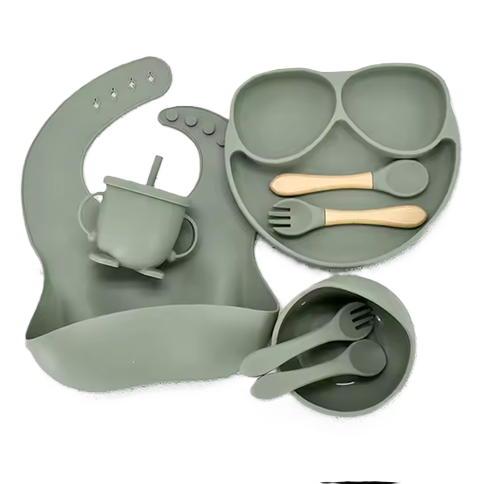 Curvear New Arrivals Kitchen Baby Accessories Set 6 pcs Dinner Plate Bowl And Spoon BPA Free Silicone Weaning Baby Feeding Set.