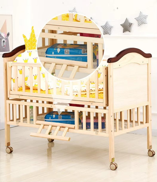 Baby Crib - 108×64×89cm Solid Wood Cradle, Large Splicing Bed, Multifunctional Newborn BB Cot with Safety Design